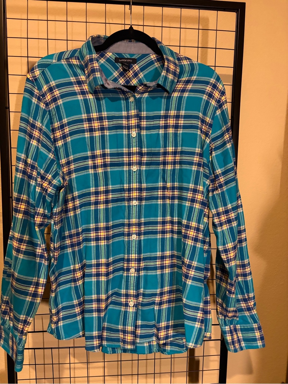 Lands' End Teal Plaid Button-Down Flannel Shirt XL